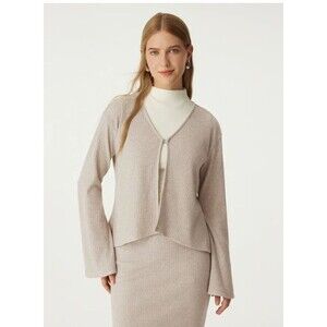 NWT OGL Jacquard Thermal Rib Flare Sleeve Front Hook Cardigan Heather Mist Sz M